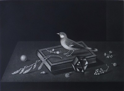 本の上の小鳥 静物画