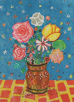 青いバックの花束
