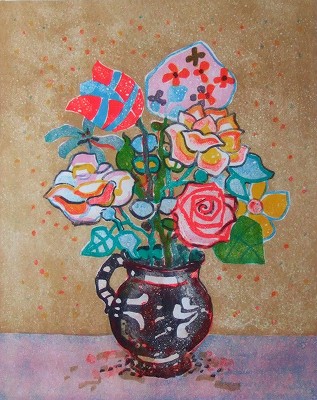 黒い花瓶の花束