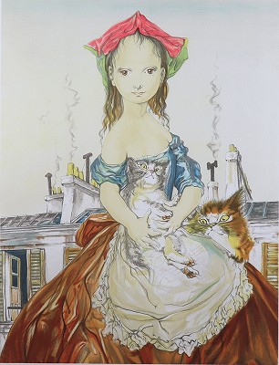 パリの屋根の前の少女と猫