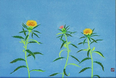 まゆはきを 俤にして 紅粉の花「奥の細道 句抄絵」
